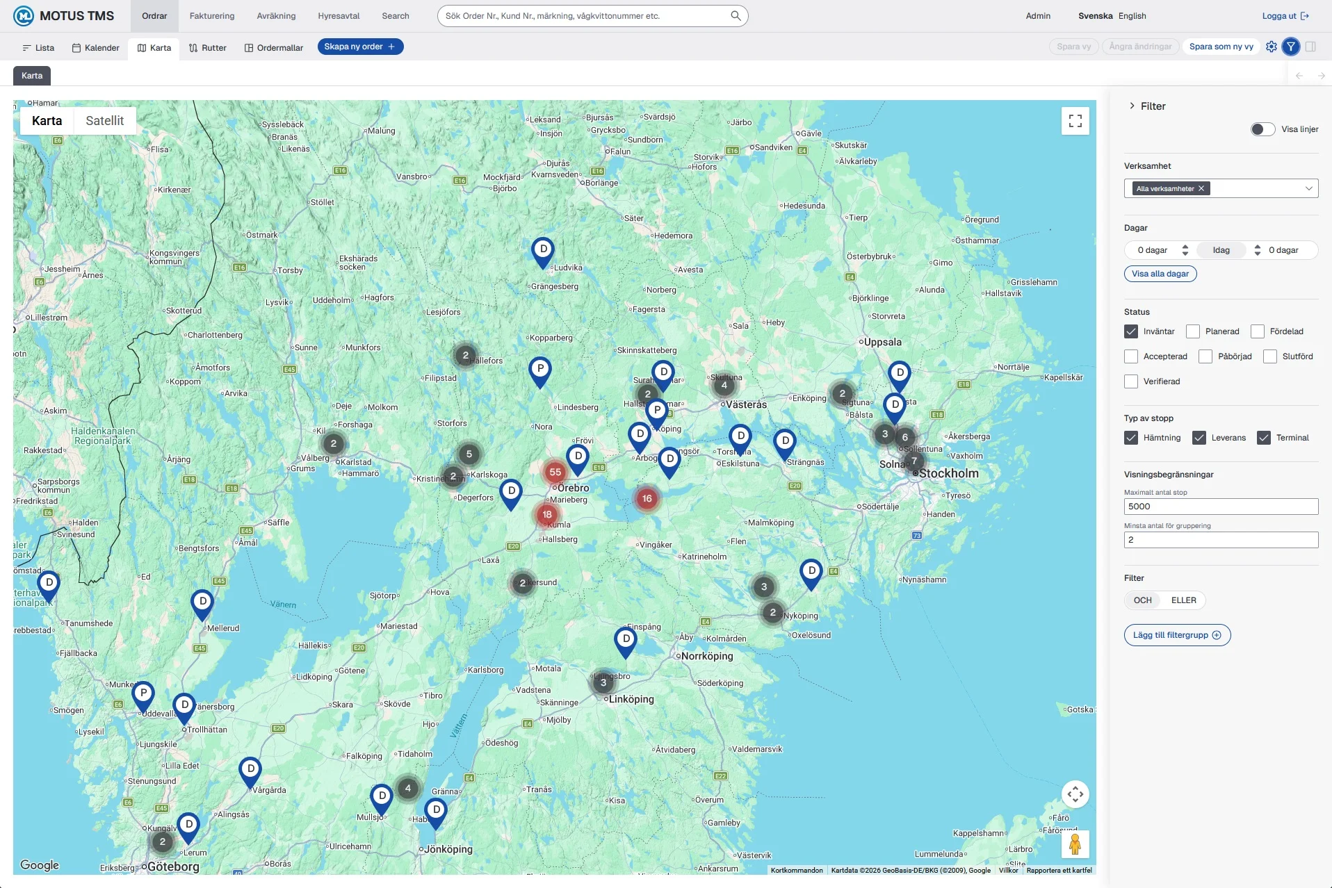 Motus TMS trafikledning visad på karta